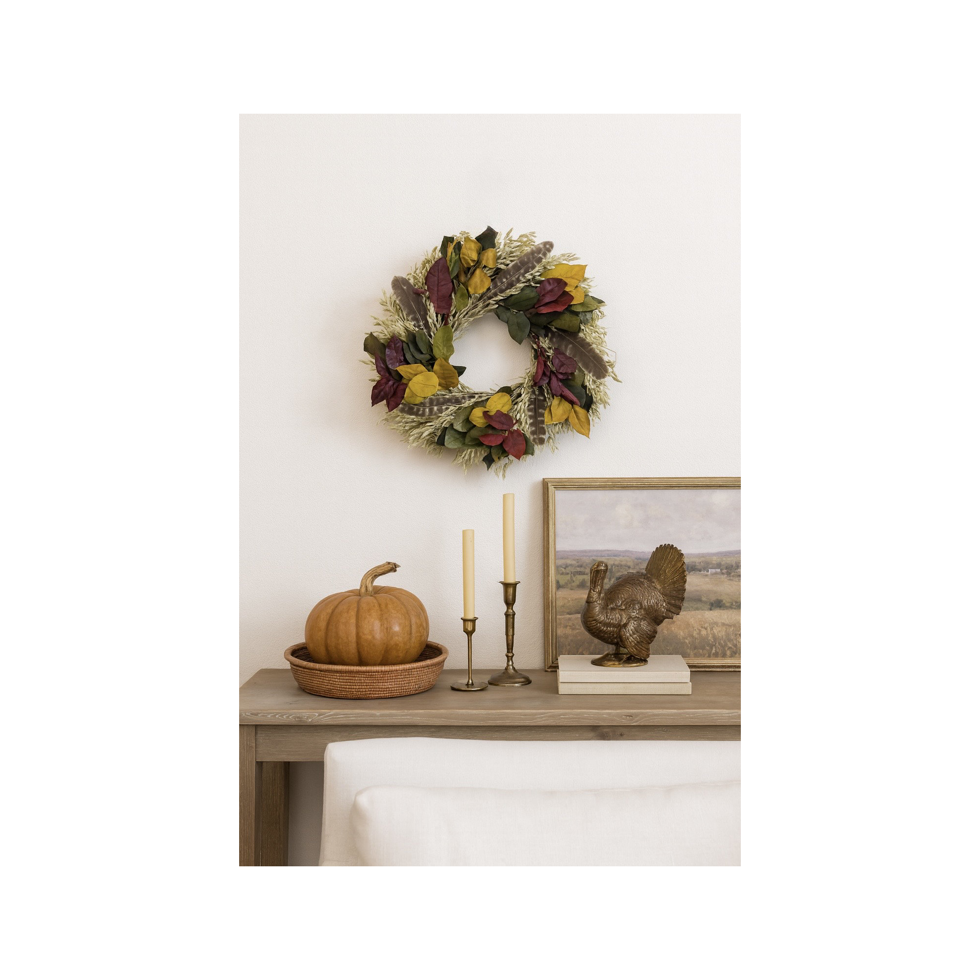 Natural Dried and Preserved Fall Leaves Wreath with Turkey Feathers, Green/Red/Yellow