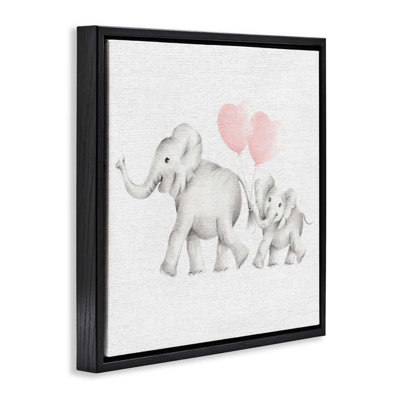 Famille d'éléphants avec des ballons roses, H 18 po x l 18 po, Cadre flottant noir de jais