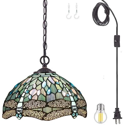 Tiffany Pendant Light Plug in Sea Blue Stained Glass Dragonfly 12 Inch Hanging Lamp 15FT Cord -  WERFACTORY, S14712PB