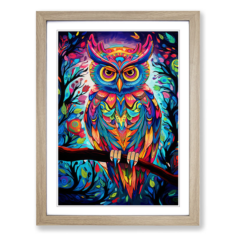 Owl Pop No.3 - Single Picture Frame Print on Wood, 46cm H x 34cm W x 2" D, Oak Framed