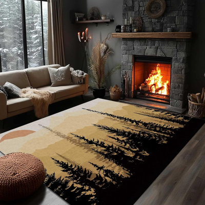 Vintage Mountain Area Rug, Rustic Sunset Forest Washable Living Room Large Rug, Brown Country Botanical Rugs for Bedroom, Non-Slip Durable Carpet for Dining Table Sofa Office Home Decor, 2.6′ × 4′