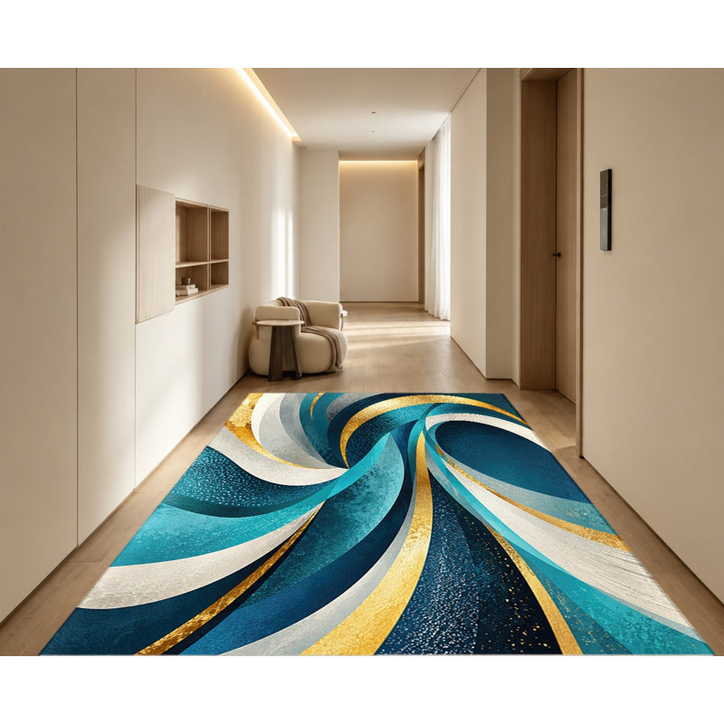 Tapis d'intérieur en velours à motifs abstraits de vagues bleues, dorées et blanches, style moderne, avec dos antidérapant. Décor élégant pour salon, chambre, cuisine, balcon ou appartement.
