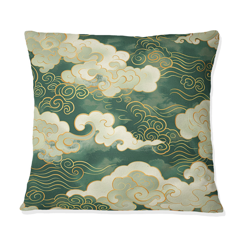 Nuage chinois blanc et vert II - coussin traditionnel chinois, H 16 po x l 16 po, Carrée