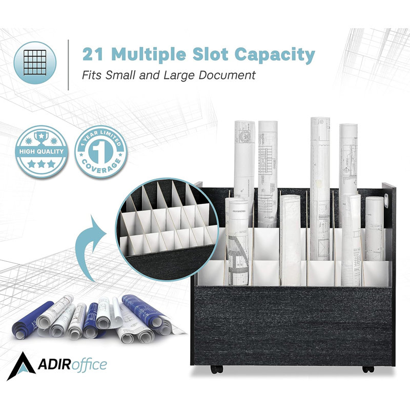 Adiroffice 21-Slot Mobile Rolling Wood Blueprint Roll File Large Document Organizer, Black