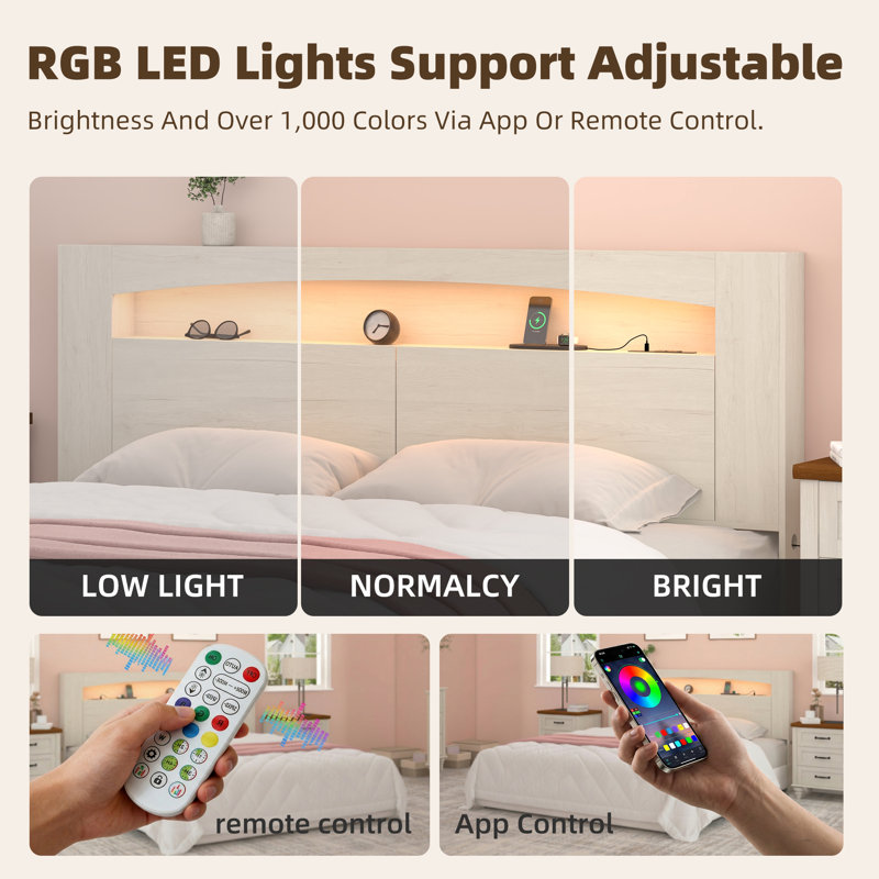 King Headboard, Storage, RGB LED Lighting, USB & AC Charging Station, Recessed Baseboard – Modern Wood Bedroom Furniture