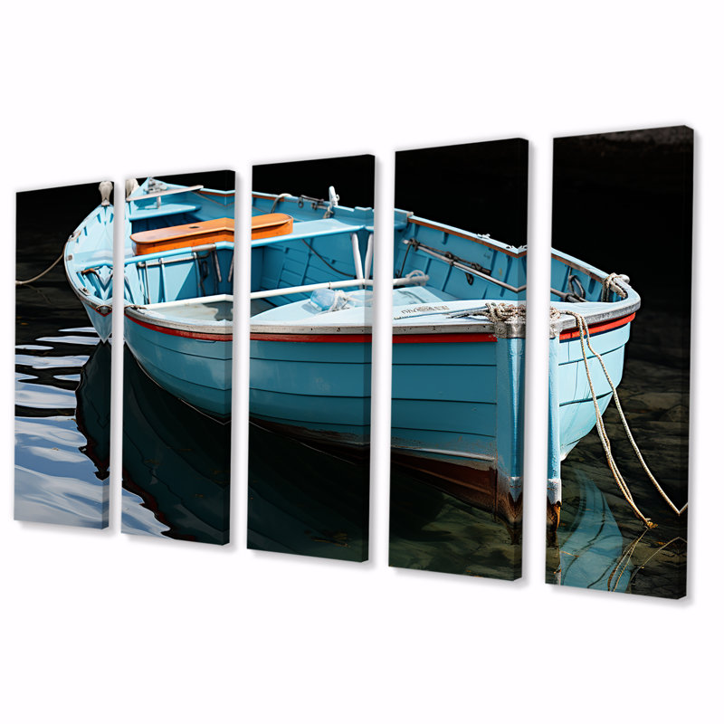 «Blue and Red Fishing Boat Expedition» - ensemble d'art mural 5 pièces, H 32 po x l 80 po