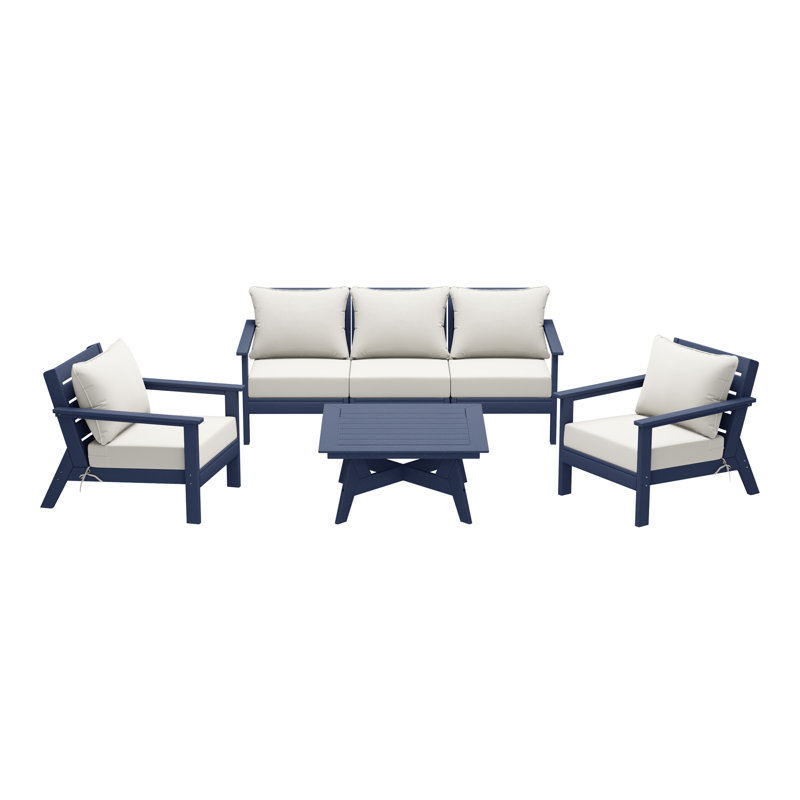 6-Piece Deep Seating Set, Navy Blue, White