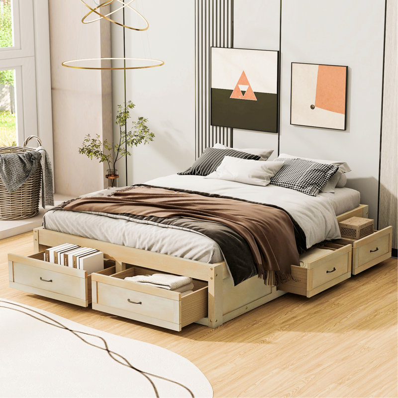 Lit plateforme avec 6 tiroirs de rangement, Naturel antique, Grand lit