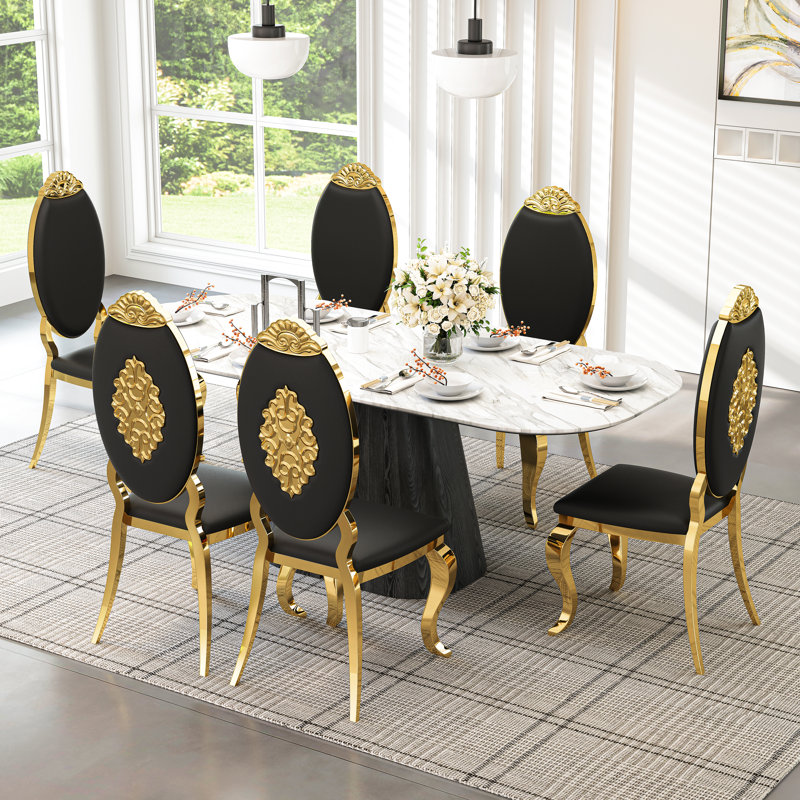 Luxury Dining Chair Set, Oval Carved Backrest, Polished Mirror Stainless Steel Legs, Black/Gold, 6