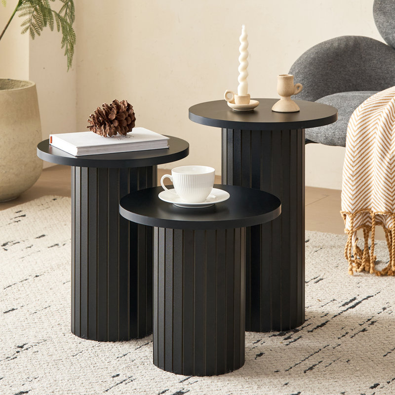 3-Piece Modern Round Nesting Table Set, Groove Line Cylinder Bases with Wood-Grain Veneer, Black
