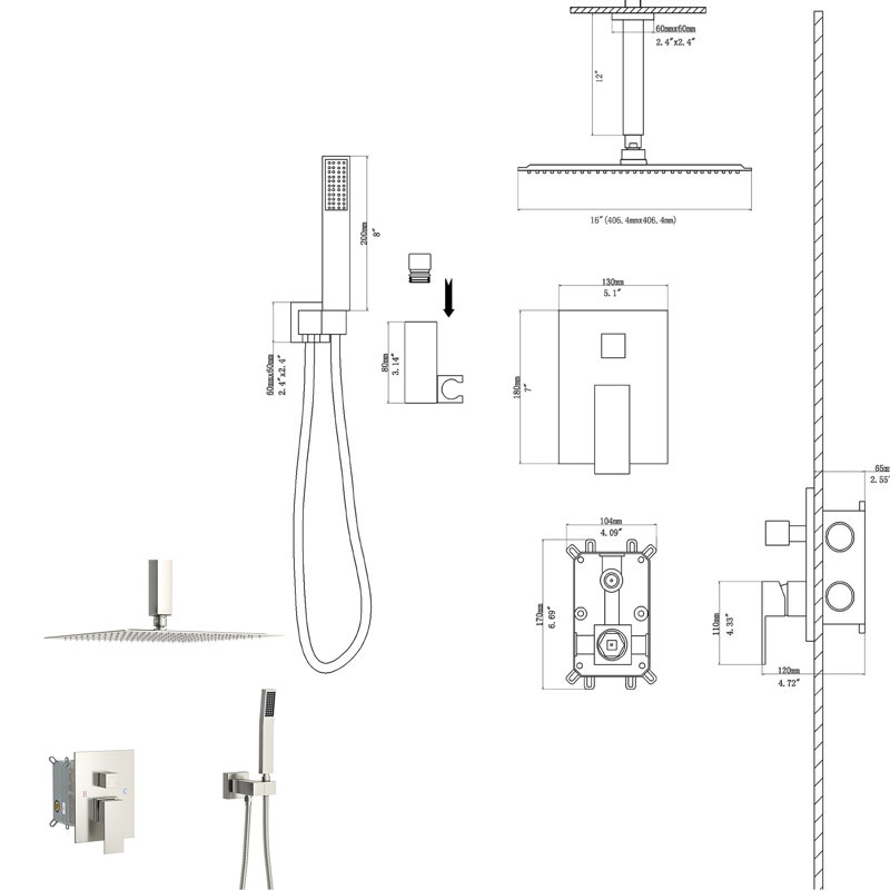Ceiling Mount Dual Shower Head, 16 Inch Square, Brushed Nickel Design Finish, Brushed Nickel