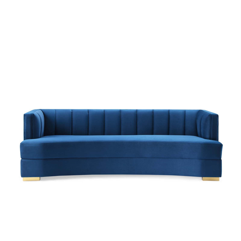 Navy Tufted Velvet Tuxedo Arm Sofa with Wood Legs