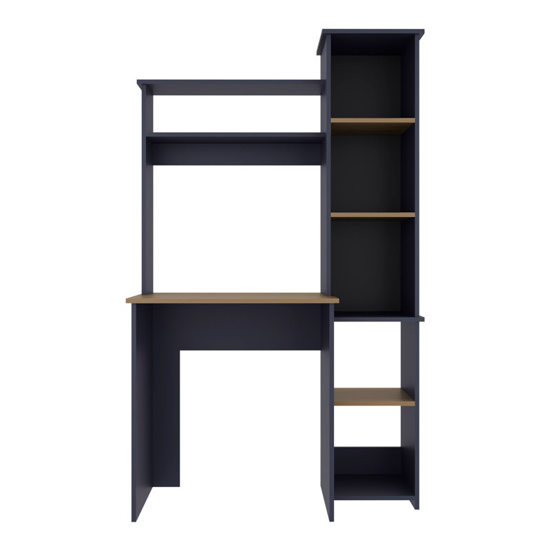 Bureau d'écriture Versalles, bureau de studio ou de bureau moderne, deux tablettes supérieures et cinq tablettes ouvertes latérales pour l'organisation de livres