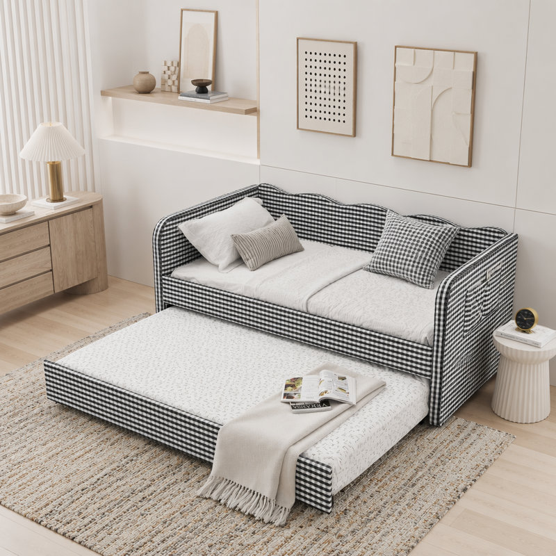 Lit de jour simple en vichy convertible 3 en 1 avec couchette et poches de rangement, Black