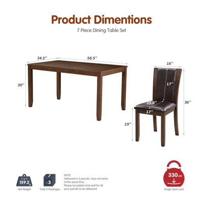 7-Piece Walnut Brown Dining Set, 58.5" Rectangular Wooden Table & 6 PU Upholstered Chairs, 6-Seater Modern Rustic Dinette Set for Kitchen, Dining Room & Restaurant