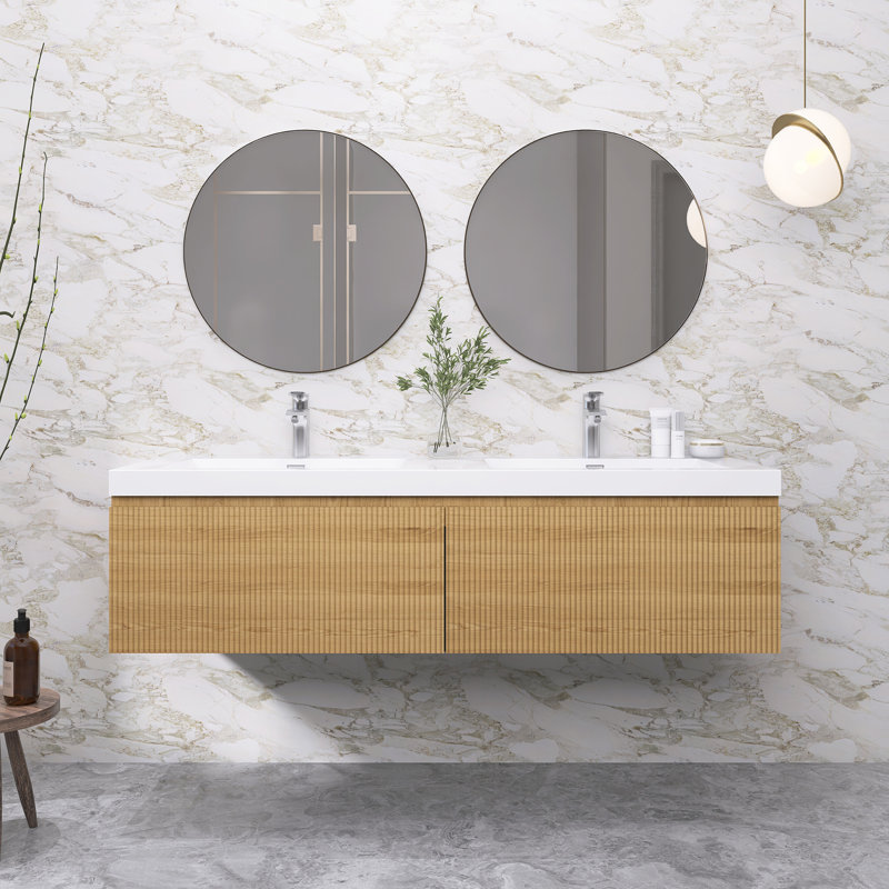 Meuble-lavabo moderne à rayures avec lavabo double, 59"