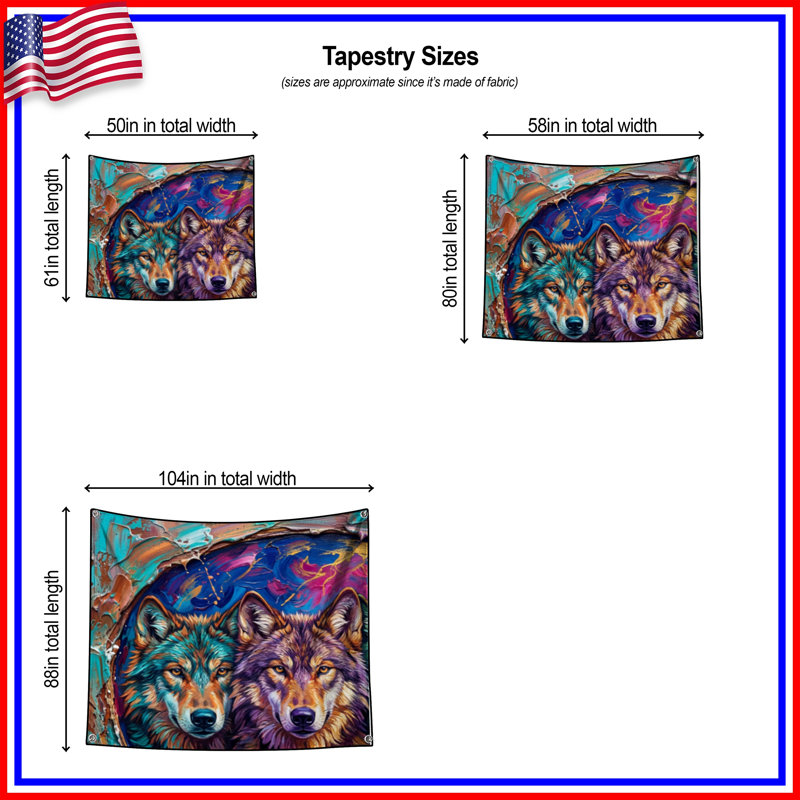 Tapisserie murale «Three Wolves» - loups, décoration murale, 68in H x80in W with 4 Grommets