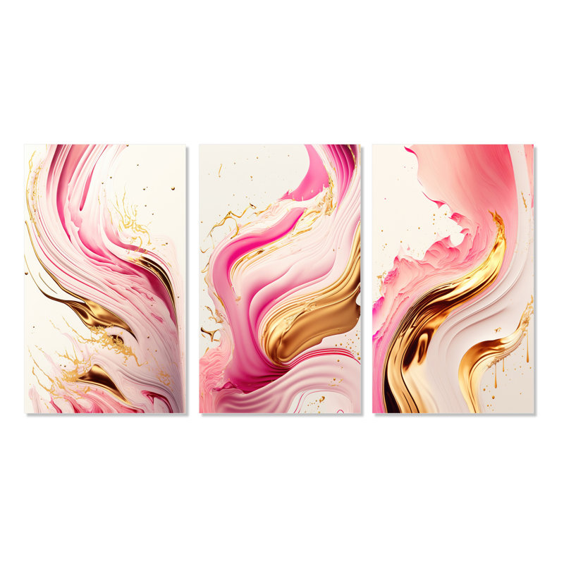 «Bold Pink and Gold Flow Art», 3 pièces sur toile, H 20 po x l 36 po, Toile tendue