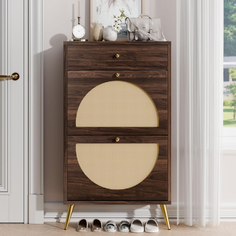 Armoire de rangement à chaussures en rotin avec tiroir, Noyer