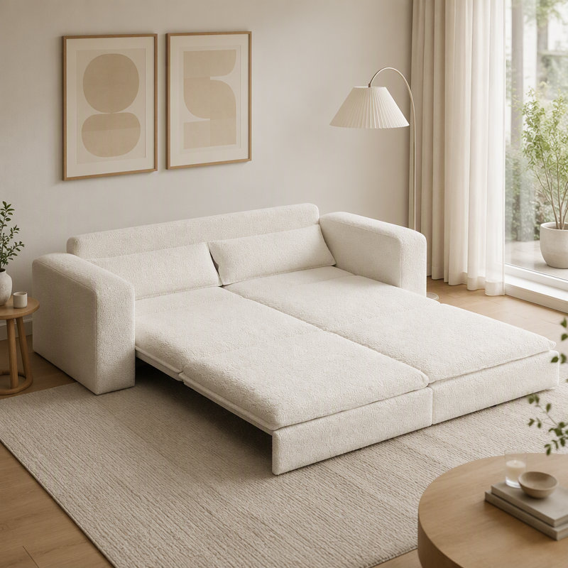 93" Wide Sherpa Fleece 3-in-1 Convertible Sleeper Sofa Bed, Modern Pull-Out King Bed & Chaise Lounge with Removable Covers and 2 Lumbar Pillows