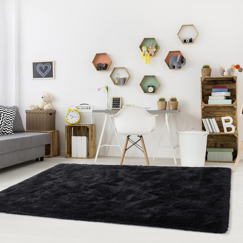 Fluffy Bedroom Rug Carpet,4x5.3 Feet Shaggy Fuzzy Rugs For Bedroom,soft Rug For Kids Room,plush Nursery Rug For Baby,thick Black Area Rugs For Living Room,cute Room Decor