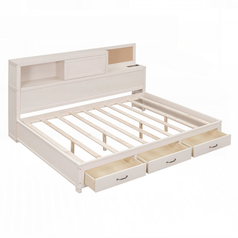 Lit de jour en bois avec 3 tiroirs de rangement, tablette souple et ensemble de prises et ports USB pour un confort moderne