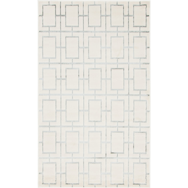 Glam Geometric White Silver Area Rug, Rectangle 5'3" x 8'