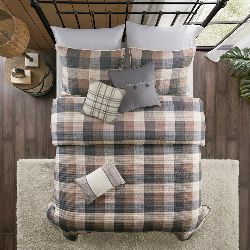 Ensemble de courtepointe 6 pièces à imprimé chevrons avec coussins décoratifs 6 pièces Cabin Farmhouse Buffalo, Neutre
