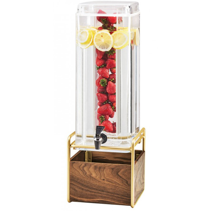 Mid-Century 3 Gallon Square Beverage Dispenser with Walnut and Base and Ice Chamber, Brass