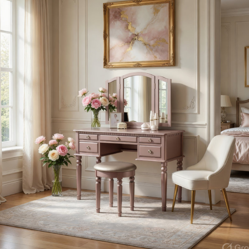 Ensemble de coiffeuse 3 pièces avec tabouret rembourré Enay, miroir, 5 tiroirs, or rose, Or rose / gris taupe