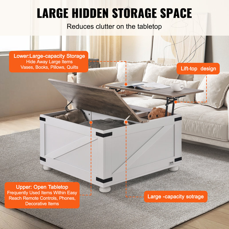 Gray and White Square Wooden Lift-Top Coffee Table with Storage