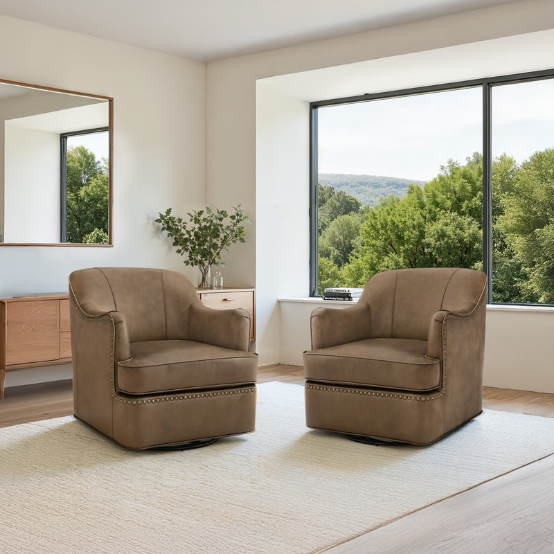 Fazio Genuine Leather Swivel Barrel Chair, Grayish Brown