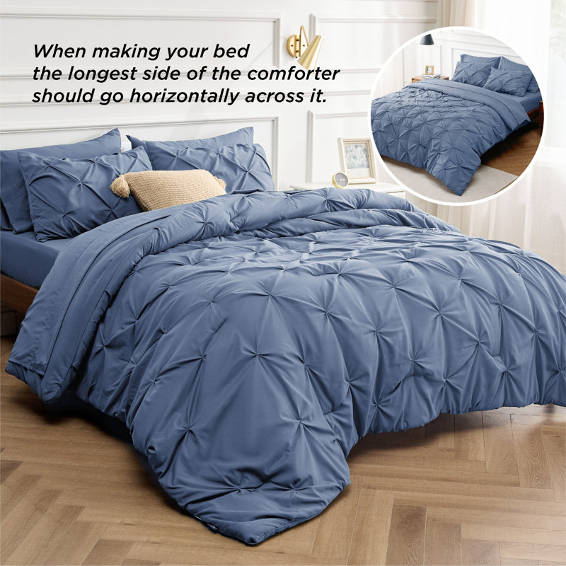 Bedsure Cal King Burgundy Pintuck Bed-in-a-Bag - Slate Blue Pinch Pleat Comforter Set with Sheets, Pillowcases & Shams (Set of 7)