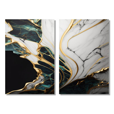 Abstract Geode Gold And Green Marble - Abstract Marble Canvas Art, Green Abstract Wall Art 2 Piece