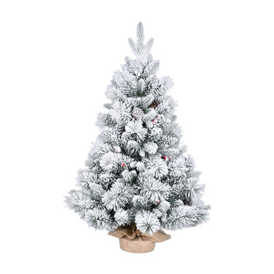 Arbre de Noël enneigé 3 pi avec branches en pin, pommes de pin et Berrie rouge