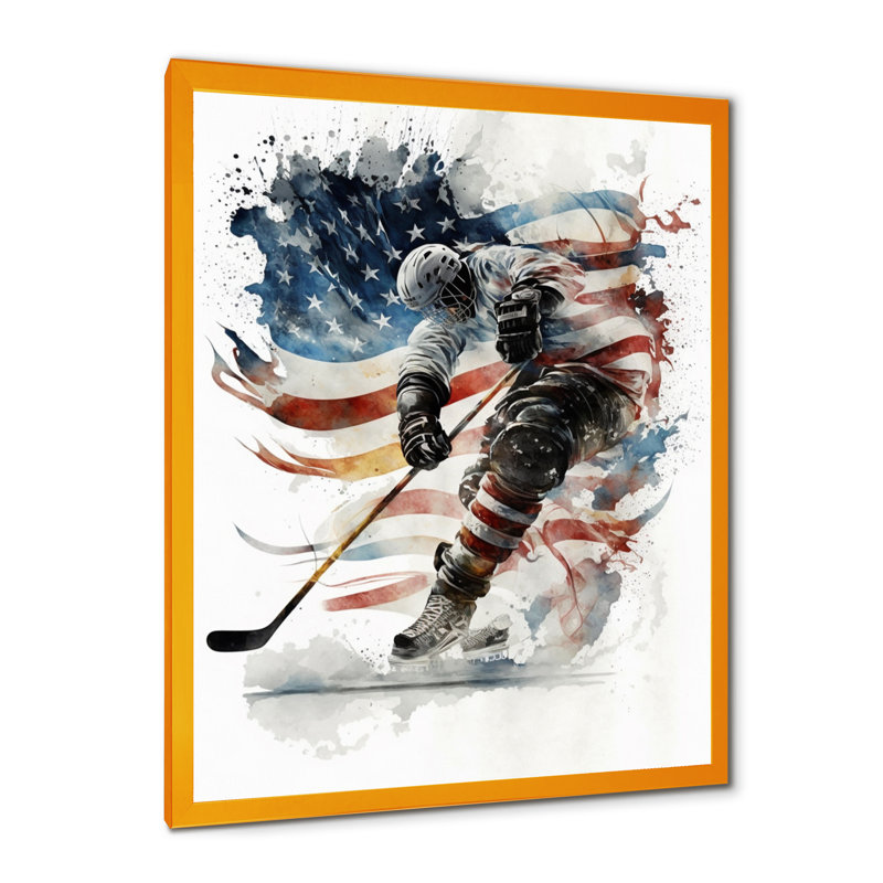 Joueur de hockey sur la patinoire pendant le match I, H 40 po x l 30 po x P 1,5 po, Encadrement doré