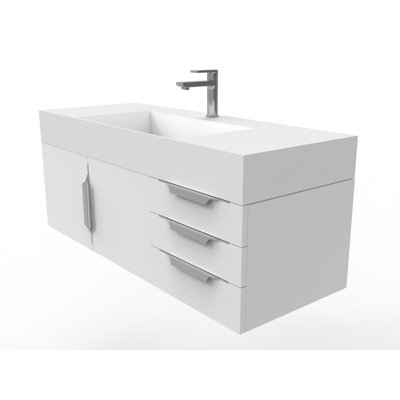Meuble-lavabo mural simple 48 po avec comptoir à surface solide - base blanche, plateau blanc, poignées en nickel brossé