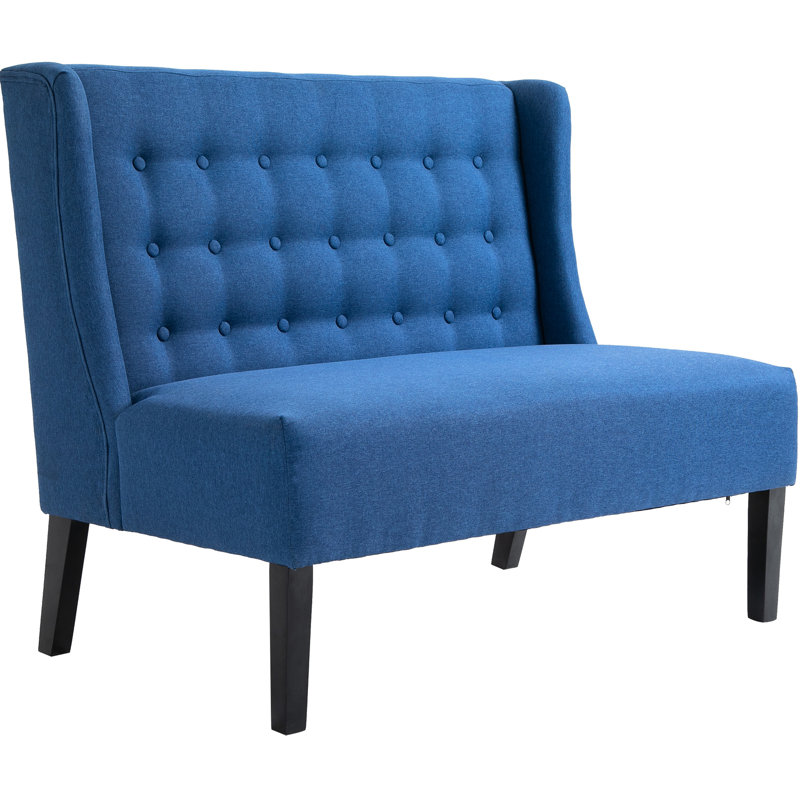 Blue Wingback Double Couch With Soft Cushion And Wood Frame Structure Elegant Linen Fabric Button Tufting Robust Legs,