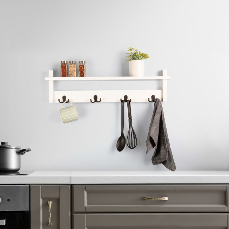 30" Wide Cottage Beach House Design Wall Mounted Coat Rack with 4 Hooks And 1 Shelf Tray, White