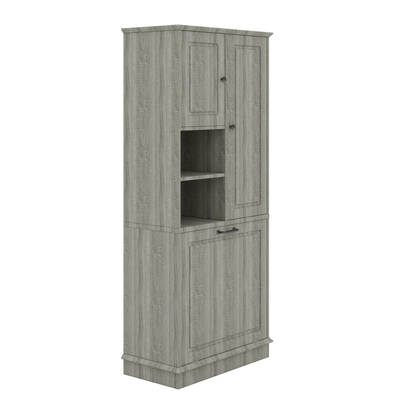 Tall Storage Cabinet With Doors, Adjustable Shelf, And Large Flip-Out Basket, Oak