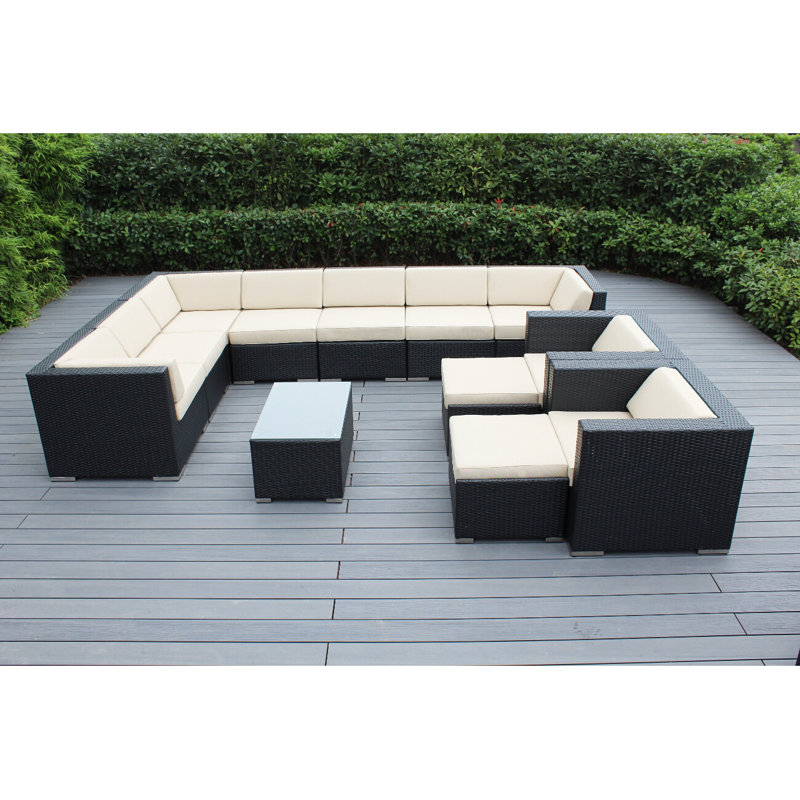 Konen Wicker 8 - Person Seating Group with Cushions - No Assembly, Polyester Beige, Black