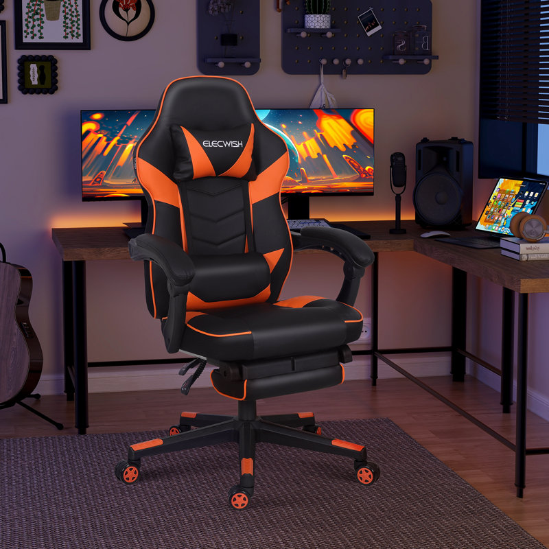 Fauteuil d'ordinateur ergonomique pour adultes à dossier haut avec repose-pieds et soutien lombaire, Noir / orange