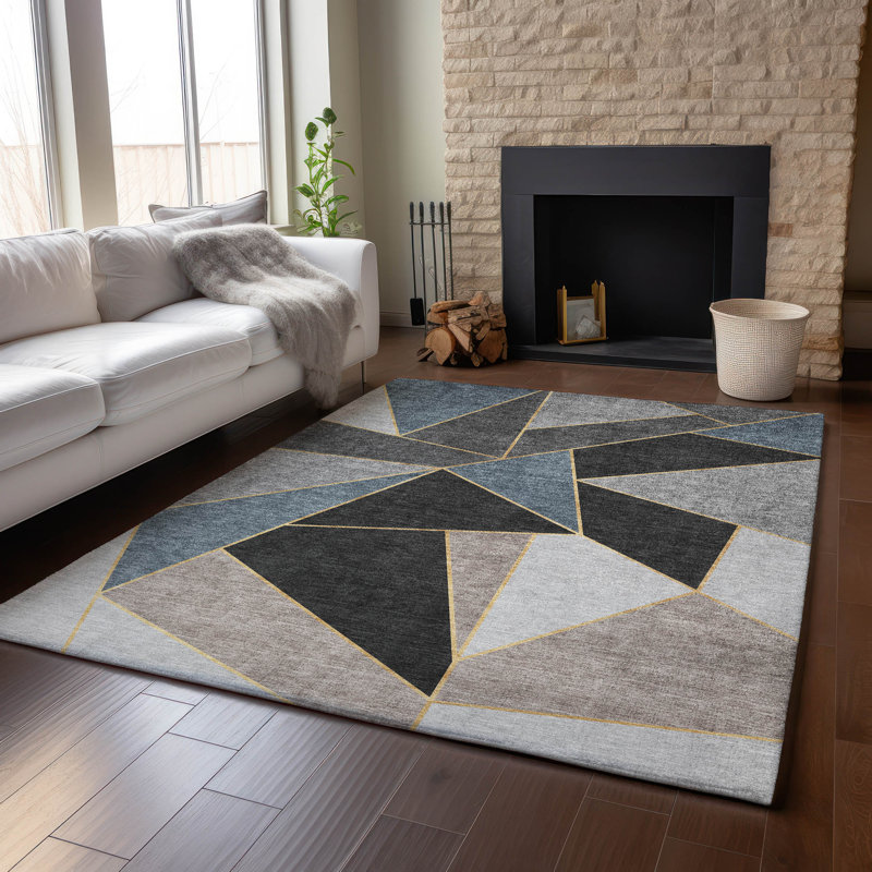 Premium Machine Washable Mayfield AMF636 Geometric Rug, Blue, 5' x 7'6"