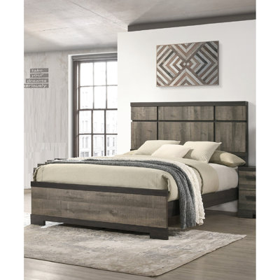 Cadre de grand lit de style contemporain, tête de lit à panneau, tons d'ébène et de gris, décor rustique dans la chambre à coucher, lit requis par sommier, teinte, ambiance de rangement,