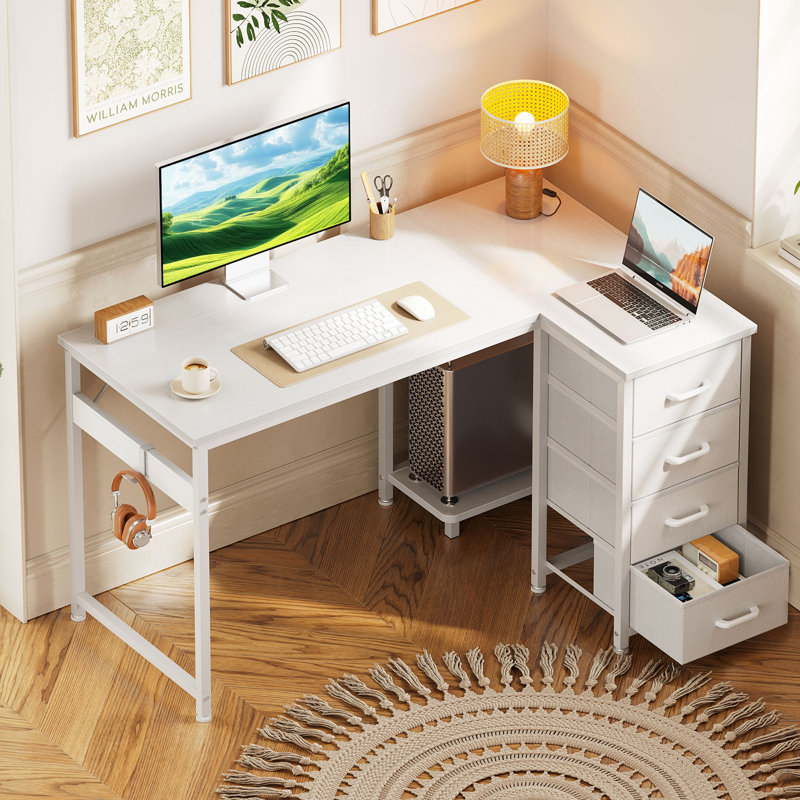 Writing Desk With 4 Large Storage Drawers, L-Shaped Desk With Cpu Stand,Computer Desk With Versatile Hook