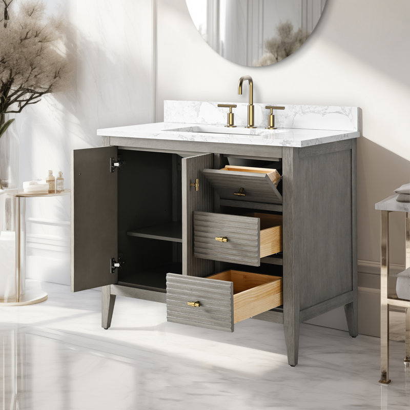 Ensemble de meuble-lavabo simple 36 po, Doré brossé, Gris flottant linéaire