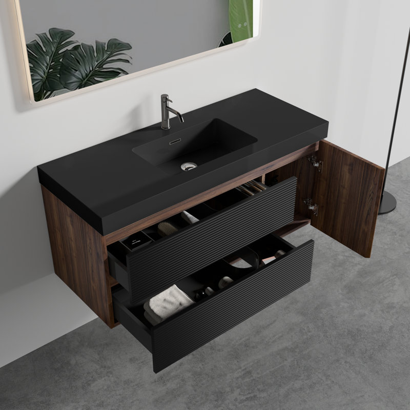 Meuble-lavabo 48 po avec lavabo en quartz noir mat et tiroirs noirs et porte, meuble-lavabo mural flottant pour salle de bain moderne, lavabo noir mat