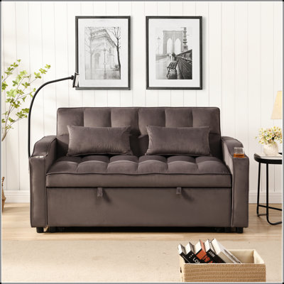 Modern Velvet Loveseat Futon Sofa Couch With Pullout Bed, Adjustable Reclining Backrest, Toss Pillows, And Pockets For Living Room