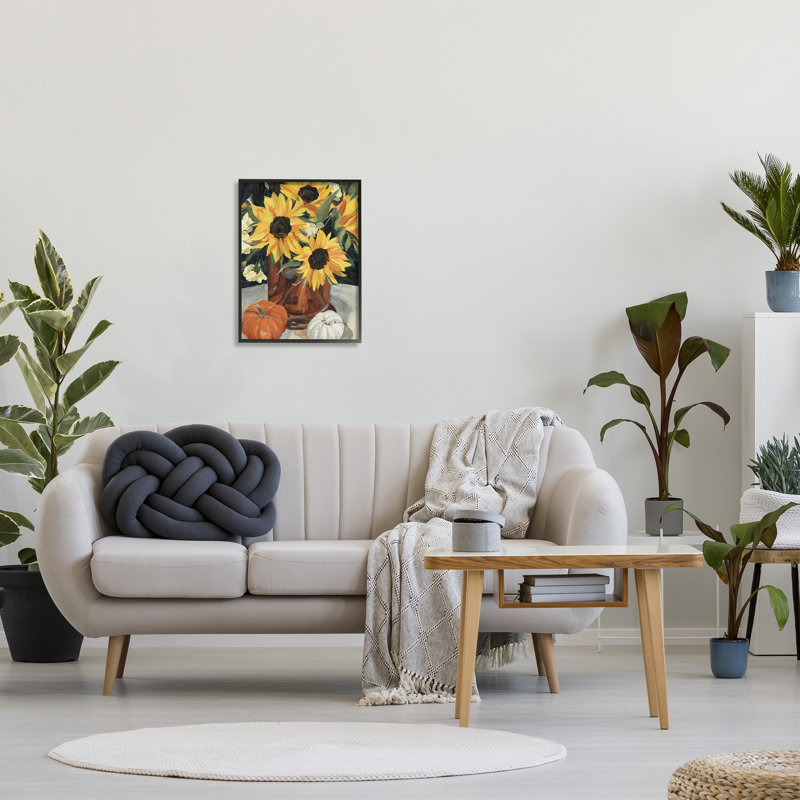 Vase de tournesol rustique et citrouille, Giclée encadrée noir minuit, H 20 po x l 16 po