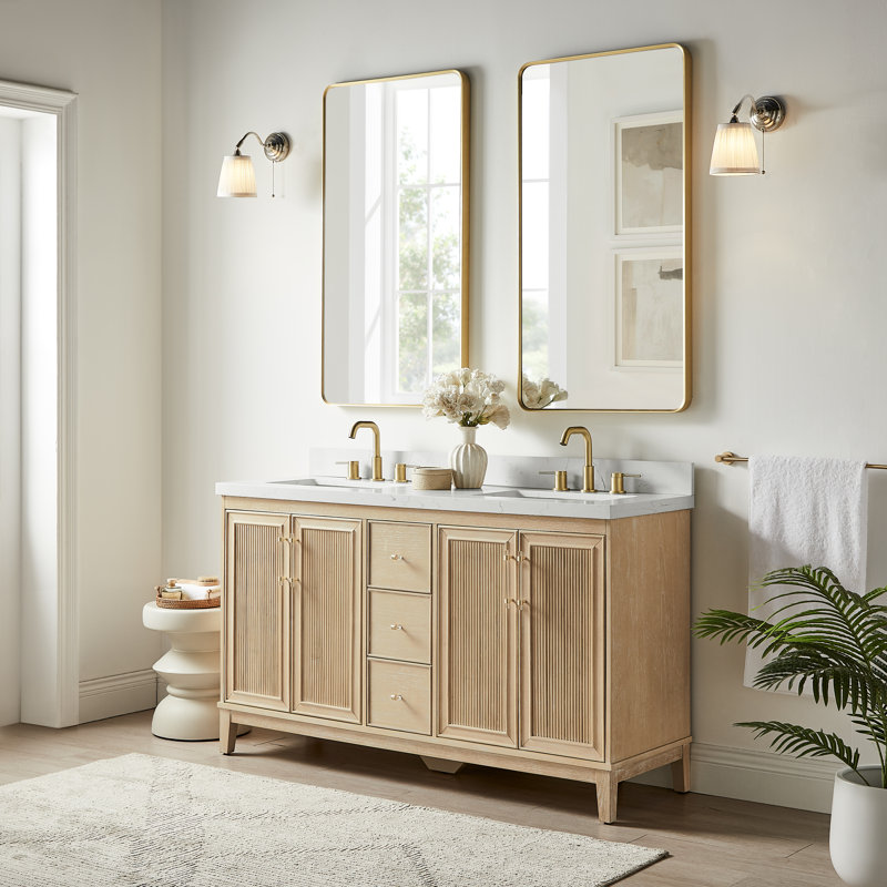 Meuble-lavabo double 60 po avec plateau en quartz Sianni, Chêne blanchi
